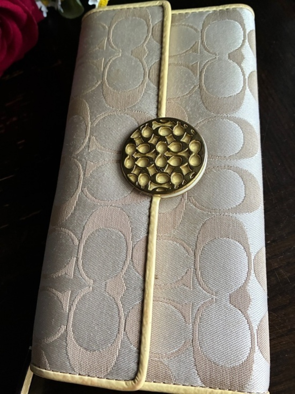 Coach Beige and Cream Signature Continental Wallet with Gold Accent
